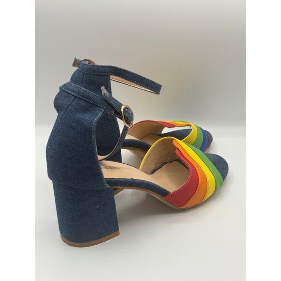 MODCLOTH Limitless Radiance Rainbow Denim Block Heel Ankle Strap Sandals Sz - Picture 6 of 8